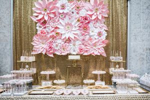 Gold and Wall Flower Installation Stately Affair Wedding cake pops